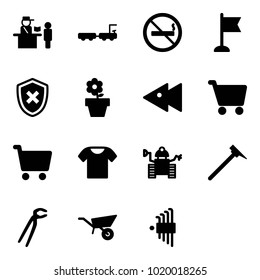 Solid vector icon set - passport control vector, baggage truck, no smoking sign, flag, shield cross, flower pot, fast backward, cart, t shirt, robot, mason hammer, plumber, wheelbarrow