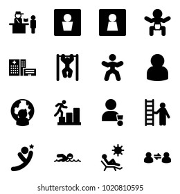 Solid vector icon set - passport control vector, male wc, female, baby, hospital building, pull ups, gymnastics, user, man globe, career, winner, opportunity, flying, swimming, beach