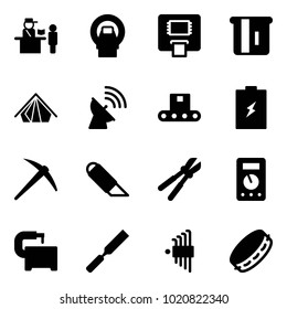 Solid vector icon set - passport control vector, mri, atm, tent, satellite antenna, conveyor, battery, axe, work knife, bolt cutter, multimeter, machine tool, rasp, allen key set, tambourine