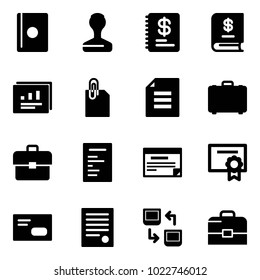 Solid vector icon set - passport vector, stamp, annual report, statistics, attachment, document, case, portfolio, schedule, certificate, envelope, agreement, data exchange
