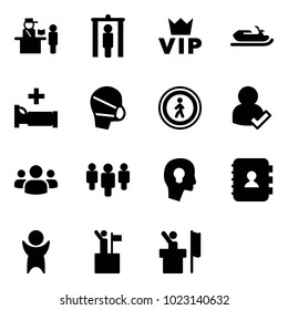 Solid Vector Icon Set - Passport Control Vector, Metal Detector Gate, Vip, Snowmobile, Hospital Bed, Medical Mask, No Pedestrian Road Sign, User Check, Group, Head Bulb, Contact Book, Success, Win