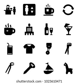 Solid vector icon set - passport control vector, elevator, tea, refresh, hot, bank building, wine, drink, t shirt, piston, plumber, screw, sailboat toy, giraffe