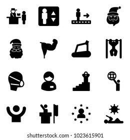 Solid vector icon set - passport control vector, elevator, travolator, santa claus, power hand, treadmill, pull ups, medical mask, manager, success, world, speaker, star man, reading