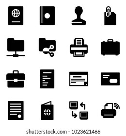 Solid vector icon set - passport vector, stamp, attachment, network folder, shared, printer, case, portfolio, document, schedule, envelope, agreement, data exchange, wireless