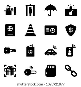 Solid vector icon set - passport control vector, metal detector gate, insurance, terrorism, road cone, safe, key, car wireless, identity card, fingerprint scanner, micro flash, link