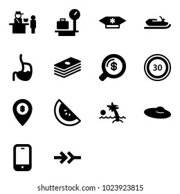Solid vector icon set - passport control vector, baggage scales, candy, snowmobile, stomach, dollar, money search, speed limit 30 road sign, atm map pin, watermelone, palm, woman hat, mobile phone