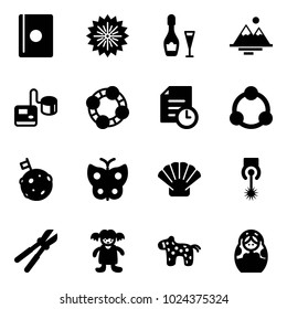 Solid vector icon set - passport vector, firework, wine, mountains, tonometer, friends, history, community, moon flag, butterfly, shell, laser, bolt cutter, doll, toy horse, russian