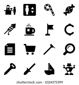 Solid vector icon set - passport control vector, elevator, lollipop, candy, firework rocket, tea, flag, cent, document, cart, mason hammer, magnifier, screw, clinch, sailboat toy, robot