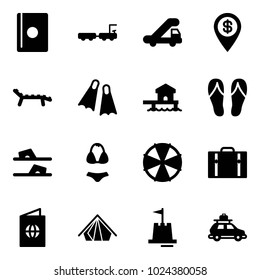 Solid vector icon set - passport vector, baggage truck, trap, dollar pin, lounger, flippers, bungalow, flip flops, swimsuit, parasol, suitcase, tent, sand castle, car
