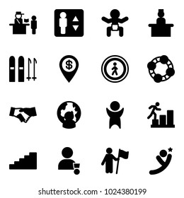 Solid vector icon set - passport control vector, elevator, baby, recieptionist, ski, dollar pin, no pedestrian road sign, friends, agreement, man globe, success, career, stairs, winner, win, flying