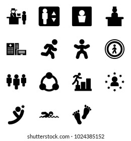 Solid vector icon set - passport control vector, elevator, male wc, recieptionist, hospital building, run, gymnastics, no pedestrian road sign, group, social, career, star man, flying, swimming