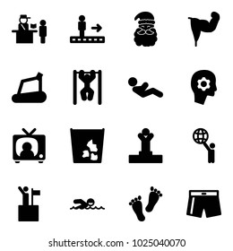 Solid vector icon set - passport control vector, travolator, santa claus, power hand, treadmill, pull ups, abdominal muscles, brain work, tv news, garbage, winner, world, win, swimming, feet