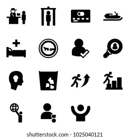 Solid Vector Icon Set - Passport Control Vector, Metal Detector Gate, Credit Card, Snowmobile, Hospital Bed, No Cart Horse Road Sign, User Check, Head Hunter, Bulb, Garbage, Career, World, Winner