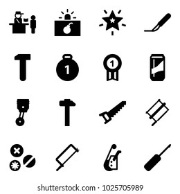 Solid vector icon set - passport control vector, terrorism, christmas star, scalpel, work, gold medal, drink, piston, hammer, saw, bucksaw, rivet, metal hacksaw, winch, awl