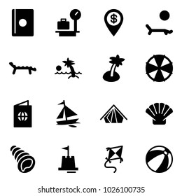 Solid vector icon set - passport vector, baggage scales, dollar pin, lounger, palm, parasol, sail boat, tent, shell, sand castle, kite, beach ball