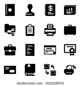 Solid vector icon set - passport vector, stamp, annual report, statistics, shared folder, clipboard, printer, case, portfolio, document, schedule, certificate, envelope, book, data exchange