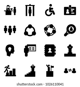 Solid vector icon set - passport control vector, metal detector gate, disabled, identity, group, social, friends, head hunter, bulb, presentation, contact book, winner, career, success, win