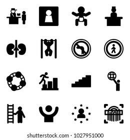 Solid vector icon set - passport control vector, female wc, baby, recieptionist, kidneys, pull ups, no left turn road sign, pedestrian, friends, career, stairs, world, opportunity, success, star man
