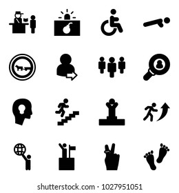 Solid vector icon set - passport control vector, terrorism, disabled, push ups, no cart horse road sign, user login, group, head hunter, bulb, career, winner, world, win, victory, feet