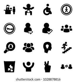 Solid vector icon set - passport control vector, baby, disabled, no pedestrian road sign, cart horse, user login, check, group, head hunter, bulb, career, garbage, success, victory