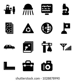Solid vector icon set - passport control vector, shower, diagnostic monitor, lab, breads, round motion road sign, globe, flag, limousine, photo, ship bell, fine signal, corner ruler, tool box