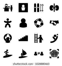 Solid vector icon set - passport control vector, male wc, ski, kidneys, gymnastics, user, friends, agreement, man globe, stairs, opportunity, flying, surfing, windsurfing, information exchange