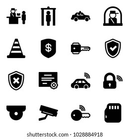 Solid vector icon set - passport control vector, metal detector gate, safety car, officer window, road cone, safe, key, shield check, cross, certificate, wireless, lock, surveillance camera