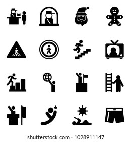 Solid vector icon set - passport control vector, officer window, santa claus, cake man, pedestrian road sign, no, career, tv news, world, win, opportunity, speaker, flying, reading, swimsuit