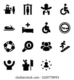 Solid Vector Icon Set - Passport Control Vector, Metal Detector Gate, Baby, Disabled, Snowmobile, Hospital Bed, No Cart Horse Road Sign, Friends, Head Hunter, Group, Career, Success, Speaker