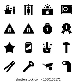 Solid vector icon set - passport control vector, metal detector gate, terrorism, safe, Road narrows sign, gold medal, star, drink, casting of steel, hammer, bolt cutter, screw, wheelbarrow