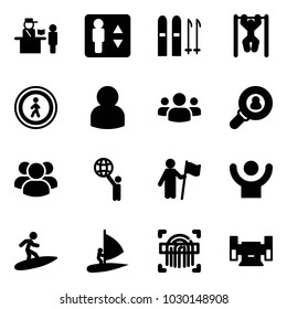 Solid vector icon set - passport control vector, elevator, ski, pull ups, no pedestrian road sign, user, group, head hunter, world, win, success, surfing, windsurfing, fingerprint scanner