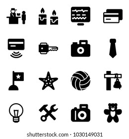 Solid vector icon set - passport control vector, candle, diagnostic monitor, credit card, tap pay, key, camera, tie, flag, starfish, volleyball, ship bell, bulb, wrench hammer, bear toy