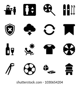 Solid vector icon set - passport control vector, elevator, lollipop, ski, shield cross, download cloud, refresh, flag, wine, beach, t shirt, parasol, plumber, soccer ball, constructor blocks