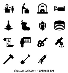 Solid vector icon set - passport control vector, baby room, officer window, hotel, christmas tree, sock, sweet pepper, coin, account history, presentation, key, satellite, sledgehammer, shovel