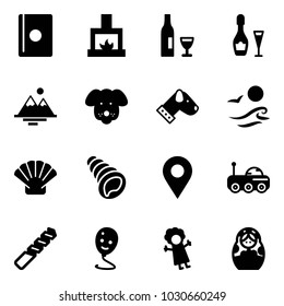 Solid vector icon set - passport vector, fireplace, wine, mountains, dog, waves, shell, navigation pin, moon rover, drill, balloon smile, doll, russian
