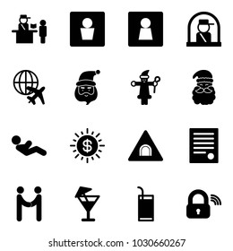 Solid vector icon set - passport control vector, male wc, female, officer window, plane globe, santa claus, abdominal muscles, dollar sun, tunnel road sign, agreement, drink, wireless lock