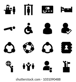 Solid vector icon set - passport control vector, metal detector gate, credit card, hotel, push ups, disabled, user, check, social, friends, community, contact book, world, team leader, winner, win