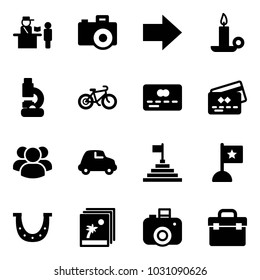 Solid vector icon set - passport control vector, camera, right arrow, candle, lab, bike, credit card, group, car, pyramid flag, luck, photo, tool box