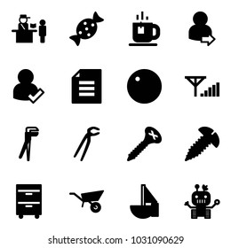 Solid vector icon set - passport control vector, candy, tea, user login, check, document, record, fine signal, plumber, screw, tool cabinet, wheelbarrow, sailboat toy, robot