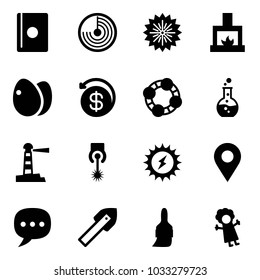 Solid vector icon set - passport vector, radar, firework, fireplace, eggs, money back, friends, round flask, lighthouse, laser, sun power, navigation pin, chat, tile drill, brush, doll