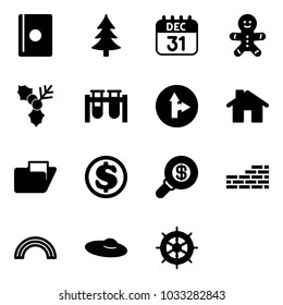 Solid vector icon set - passport vector, christmas tree, 31 dec calendar, cake man, holly, vial, only forward right road sign, home, folder, dollar, search money, brick wall, rainbow, woman hat