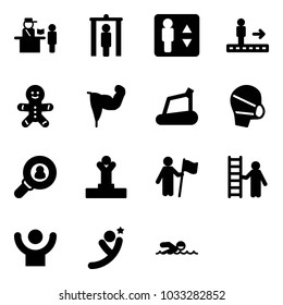 Solid vector icon set - passport control vector, metal detector gate, elevator, travolator, cake man, power hand, treadmill, medical mask, head hunter, winner, win, opportunity, success, flying