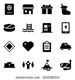 Solid vector icon set - passport vector, duty free, gift, christmas sock, pill, pool, atm, mobile payment, main road sign, heart, clipboard, car, pedestal, team leader, mountain, diving