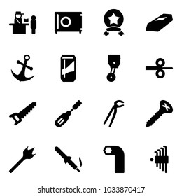 Solid vector icon set - passport control vector, safe, star medal, gold, anchor, drink, piston, steel rolling, saw, chisel, plumber, screw, wood drill, soldering iron, allen key, set