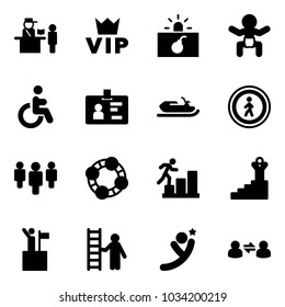 Solid vector icon set - passport control vector, vip, terrorism, baby, disabled, identity, snowmobile, no pedestrian road sign, group, friends, career, success, win, opportunity, flying man