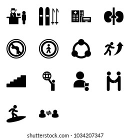 Solid vector icon set - passport control vector, ski, hospital building, kidneys, no left turn road sign, pedestrian, community, career, stairs, world, winner, agreement, surfing