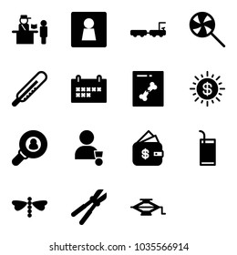 Solid vector icon set - passport control vector, female wc, baggage truck, lollipop, thermometer, schedule, x ray, dollar sun, head hunter, winner, finance management, drink, dragonfly, bolt cutter