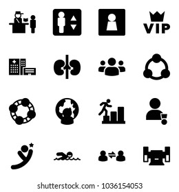 Solid vector icon set - passport control vector, elevator, female wc, vip, hospital building, kidneys, group, social, friends, man globe, career, winner, flying, swimming, information exchange
