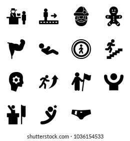 Solid vector icon set - passport control vector, travolator, santa claus, cake man, power hand, abdominal muscles, no pedestrian road sign, career, brain work, win, success, speaker, flying