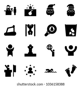 Solid vector icon set - passport control vector, terrorism, santa claus, treadmill, pull ups, head hunter, garbage, success, winner, world, speaker, star man, swimming, feet
